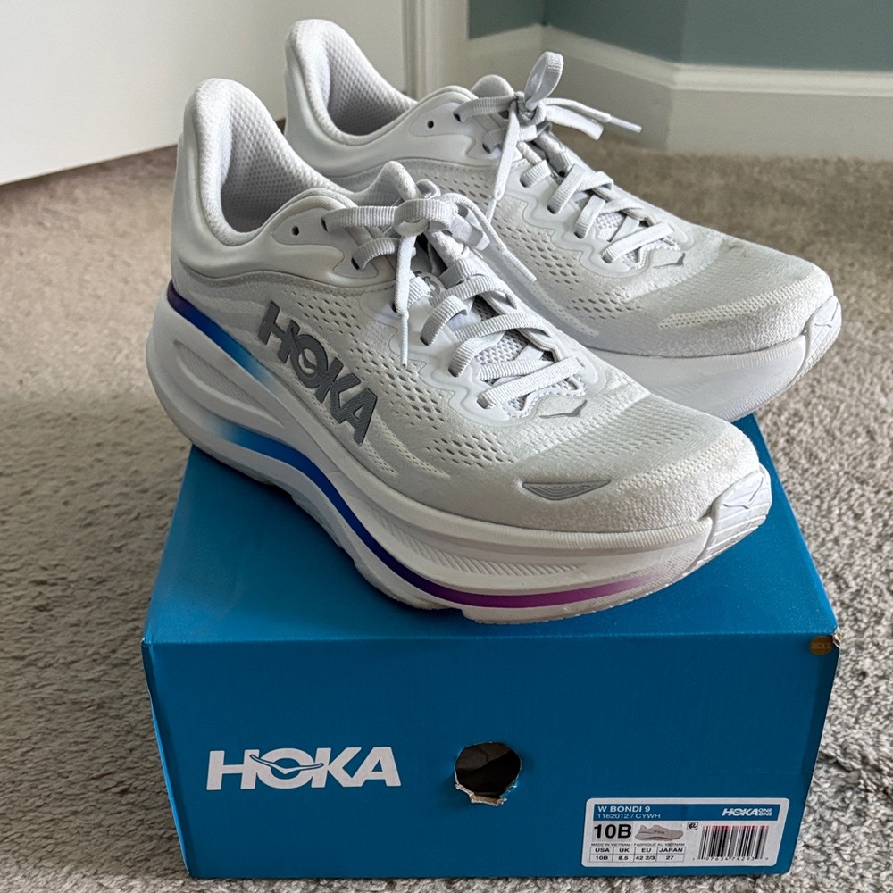 Hoka Bondi 9 Women's White and Blue Athletic Shoes, Size 10B